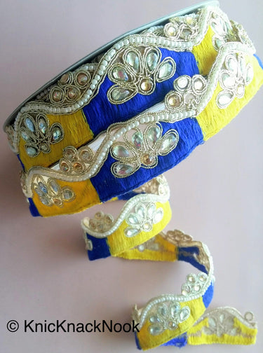 Gold Sheer Fabric Trim In Blue And Yellow Embroidered Beaded Trim, Kundan Work And Pearl, Costume Trim Decorative Craft Ribbon Trim By Yard